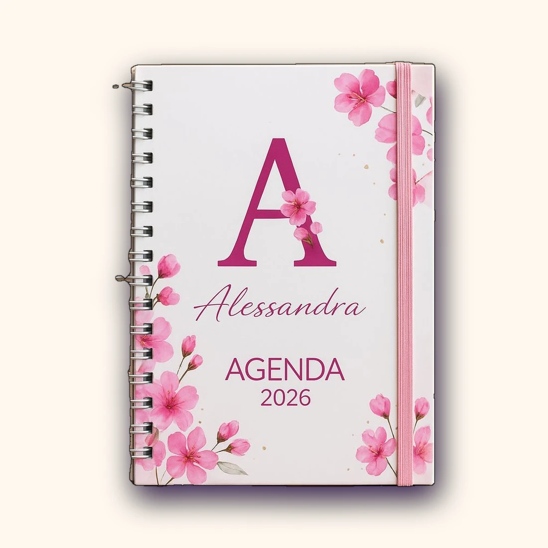 Agenda A5 blanca con inicial rosa y flores de cerezo