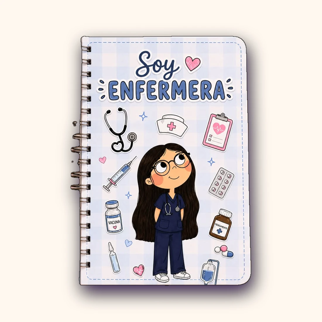 Cuaderno A5 personalizado con ilustración de enfermera y fondo de cuadros azul