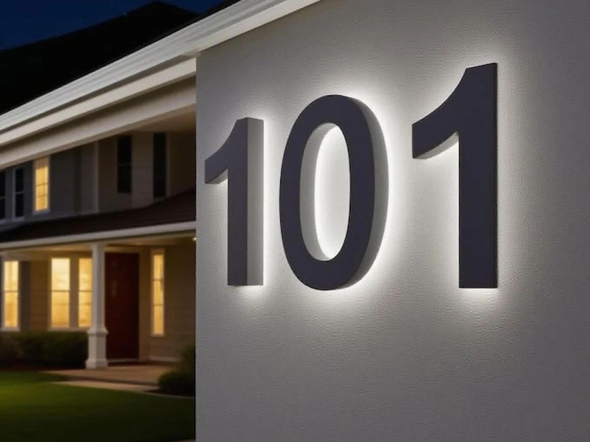 Número 101 en 3D con luz LED trasera sobre fachada blanca