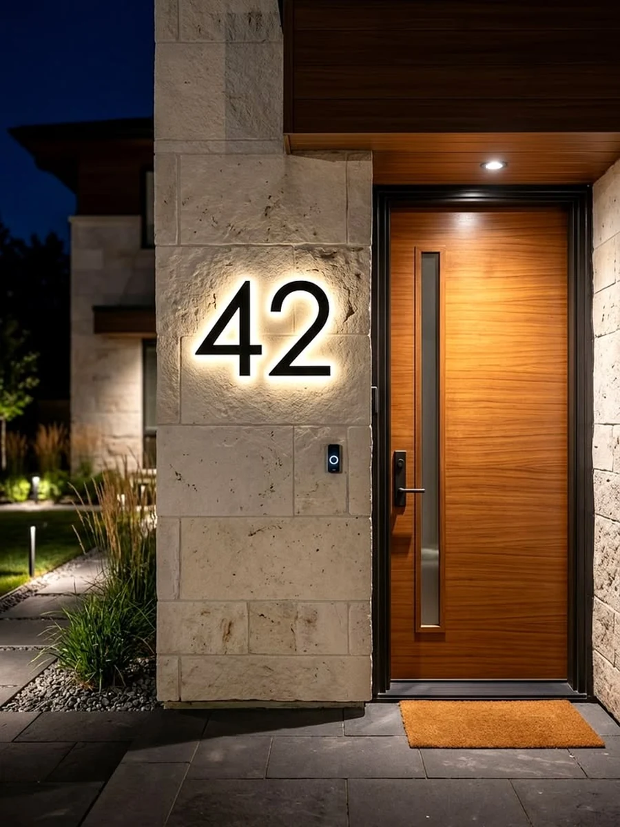 Número de casa 42 retroiluminado junto a una puerta de entrada de madera