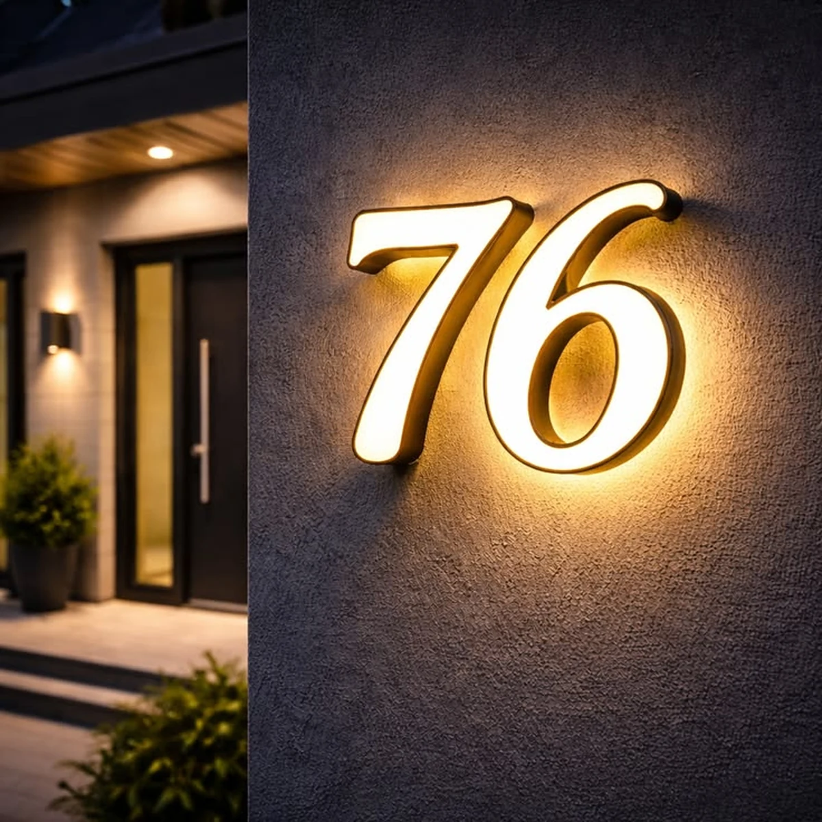 Número 76 iluminado en cálido sobre pared oscura
